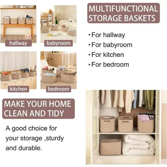 Woven Cotton Storage Baskets Set Cube Shelf Organizer Bins with Handles